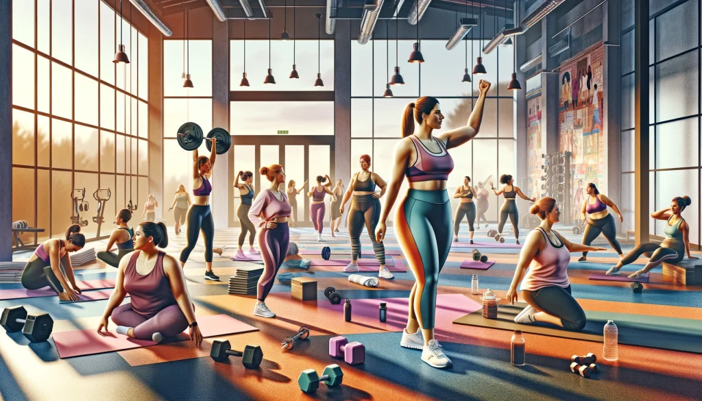A group of people embracing their unique fitness mission by doing yoga in a gym, seeking authentic success.
